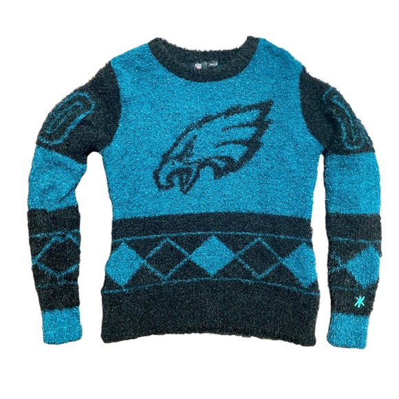 NFL Sweaters - Philadelphia Eagles NFL Klew Women's Fuzzy Ugly Sweater Eyelash Green Crew Sz S